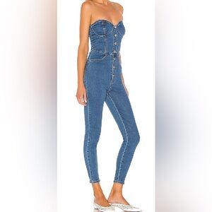 Superdown Linda denim skinny leg jumpsuit. Size 27. Mid blue wash. NWT